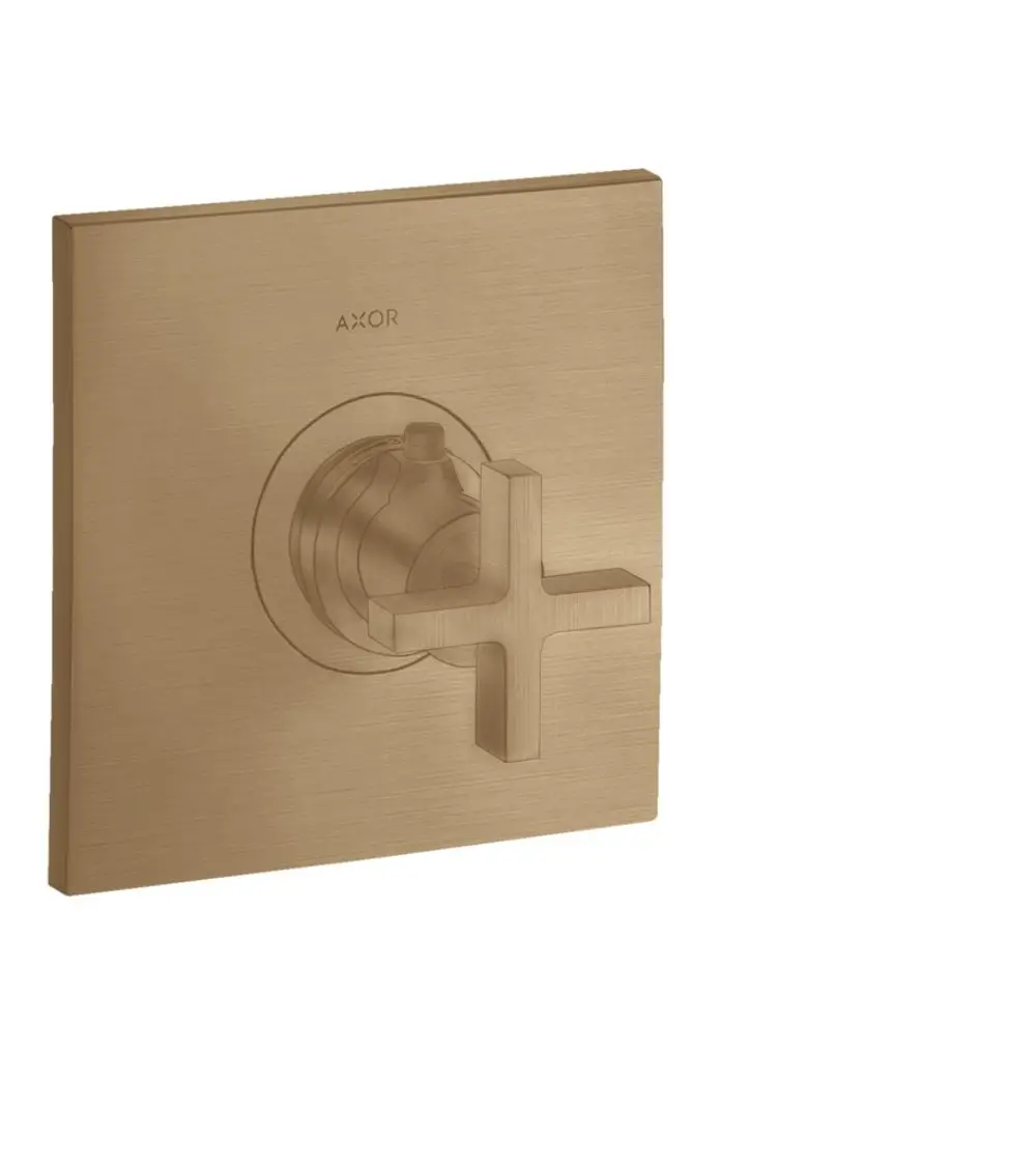 Thermostat mit Kreuzgriff in brushed bronze, mit quadratischer Plattenoberfläche. Hersteller AXOR ist oben sichtbar.